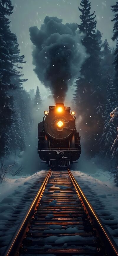 Steam train in snow-covered forest with glowing headlights | 8K Wallpaper for Mobile | Black, white, blue tones | Train, winter, forest.