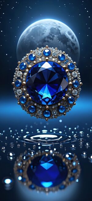 Ornate cobalt gemstone with blue stones and diamonds reflecting on water under a starry moonlit sky | 4K Wallpaper, for Mobile