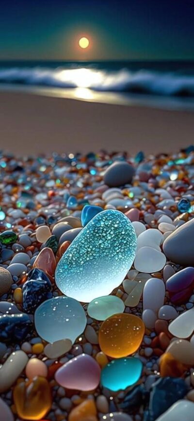 Beach scene with colorful sea glass and pebbles, ocean waves under a moonlit sky | 4K Wallpaper, for Mobile | Blue, Brown, Orange, White