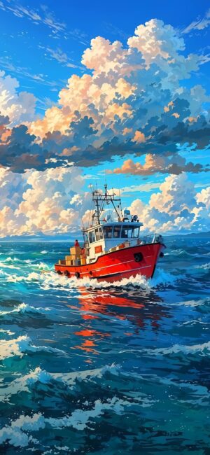 Red fishing boat on vibrant ocean waters with dramatic clouds in a blue sky | 4K Wallpaper for Mobile | Blue, Red, White