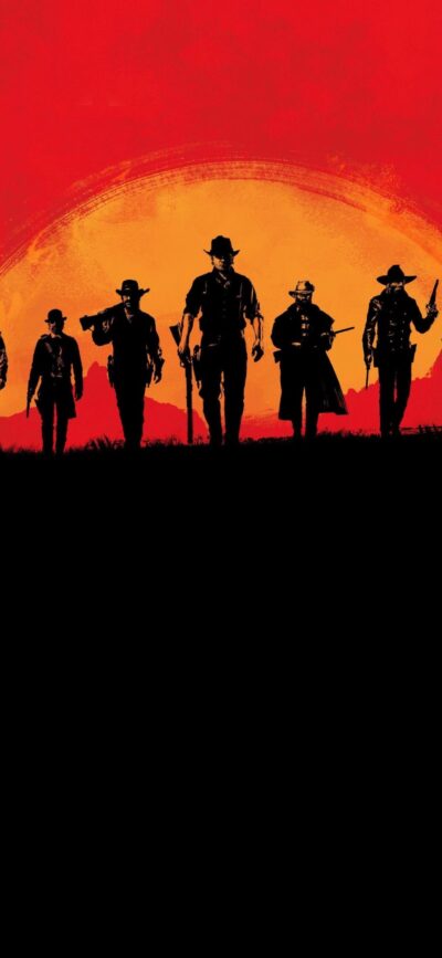 Cowboy figures in silhouette with red-orange sunset, Wild West adventure, camaraderie theme | 4K Wallpaper for Mobile