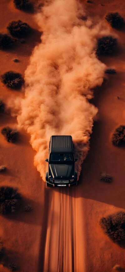 Off-road vehicle in desert, sand cloud, reddish-brown terrain | 4K Wallpaper for Mobile | Black, Brown, Orange | Adventure, Desert