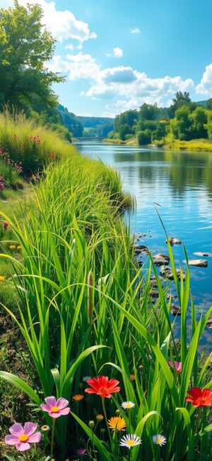 Serene landscape with a clear river, green grass, colorful wildflowers, blue skies & trees | 4K Wallpaper for Mobile