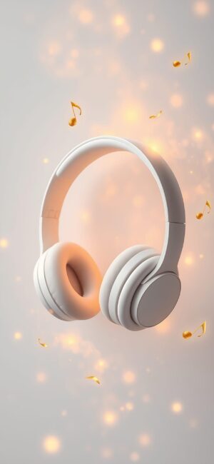 White headphones with glowing musical notes and warm light effects. Minimalistic tech and music theme. | 4K Wallpaper for Mobile