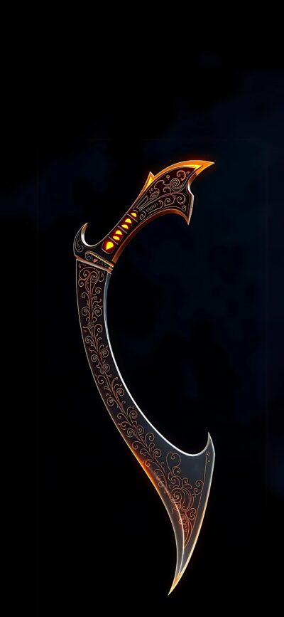 Fantasy sword with glowing orange accents against dark backdrop; intricate patterns; ancient, mystical look | 4K Wallpaper for Mobile