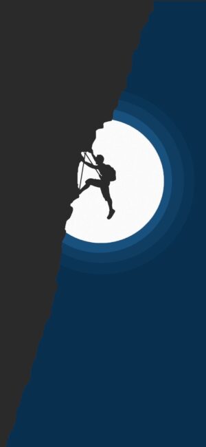 Rock climber silhouette against a full moon with dark and blue tones | 4K Wallpaper for Mobile