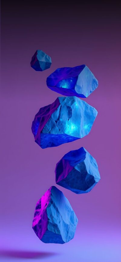 Floating glossy rocks in blue and violet on purple background | 4K Wallpaper for Mobile