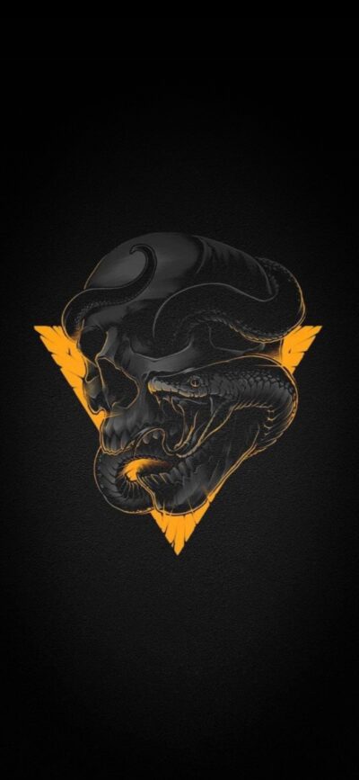 Dark skull with horns and snake on orange triangle background | 4K Wallpaper for Mobile