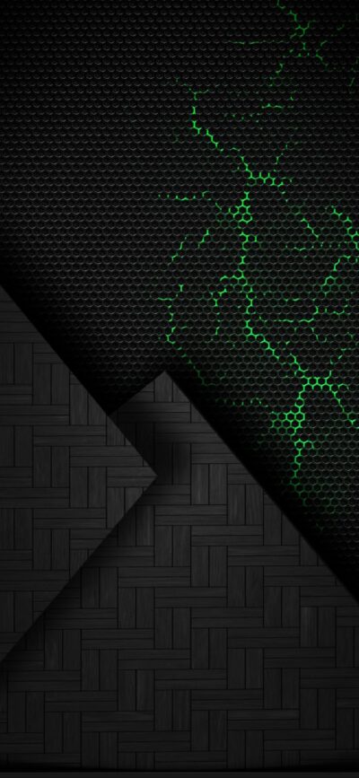 Abstract dark hexagonal pattern with glowing green cracks and woven texture | 4K Wallpaper, for Mobile | Black, Green