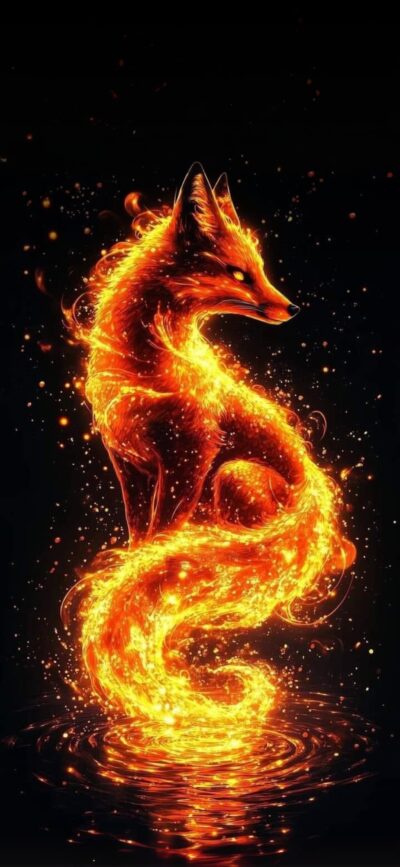 Fiery mythical fox of swirling flames on dark backdrop emits ethereal glow, intricate details | 4K Wallpaper for Mobile