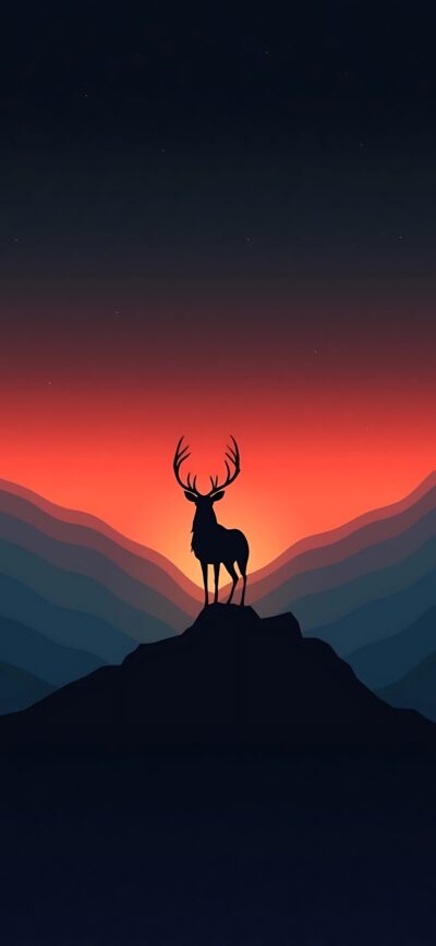 Deer silhouette on a mountain peak with vibrant sunset sky; blue and red mountain layers. | 4K Wallpaper for Mobile