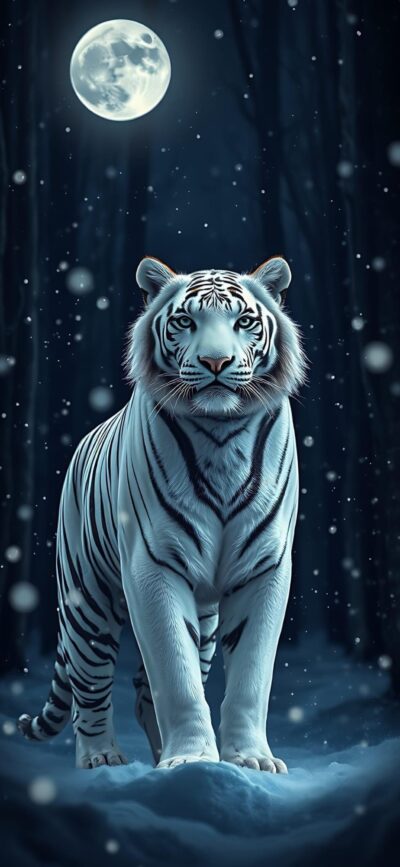 Majestic white tiger in snowy forest under full moon, snowflakes falling; dark, mysterious backdrop | 4K Wallpaper for Mobile