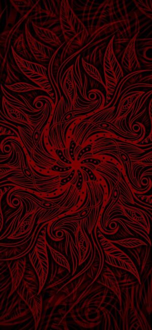 Intricate abstract pattern with swirling designs and leaf-like shapes in red and black | 4K Wallpaper, for Mobile.