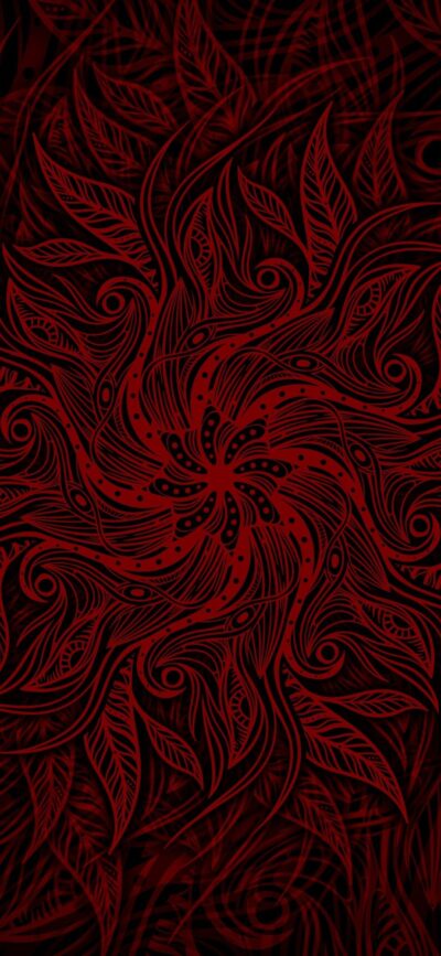 Intricate abstract pattern with swirling designs and leaf-like shapes in red and black | 4K Wallpaper, for Mobile.