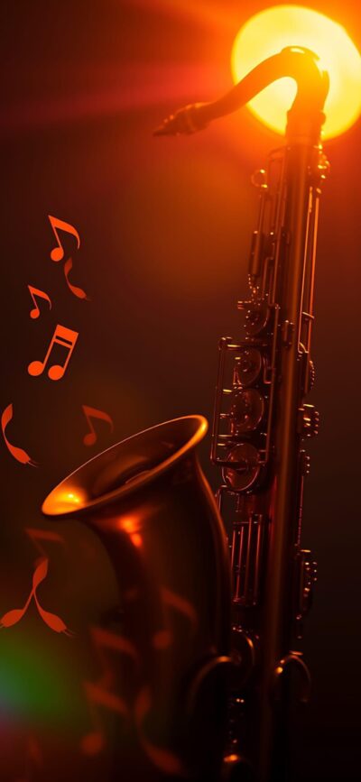 Detailed saxophone with floating notes, warm lighting, orange hues on dark background | 4K Wallpaper for Mobile