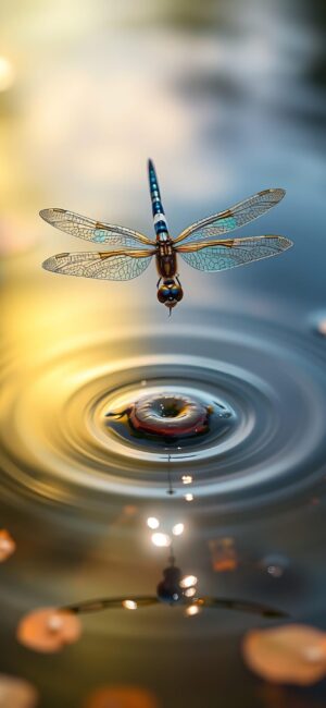 Dragonfly glides over water with ripples, capturing delicate wings against a tranquil backdrop | 4K Wallpaper for Mobile