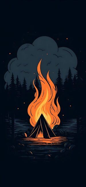 Stylized campfire in a dark forest with warm flames; cozy night scene | Black, Orange, Blue | 4K Wallpaper for Mobile