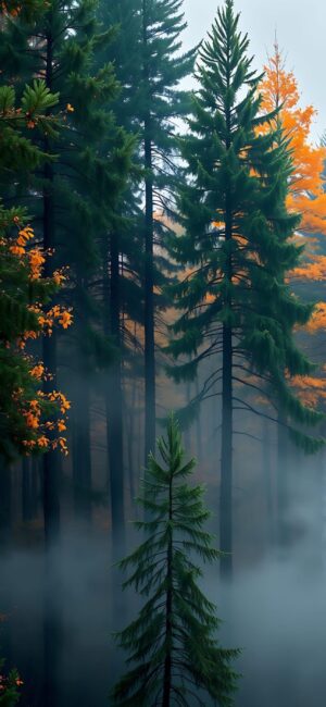 Serene forest with mist, tall evergreens, and vibrant autumn leaves for a calming effect | 4K Wallpaper for Mobile