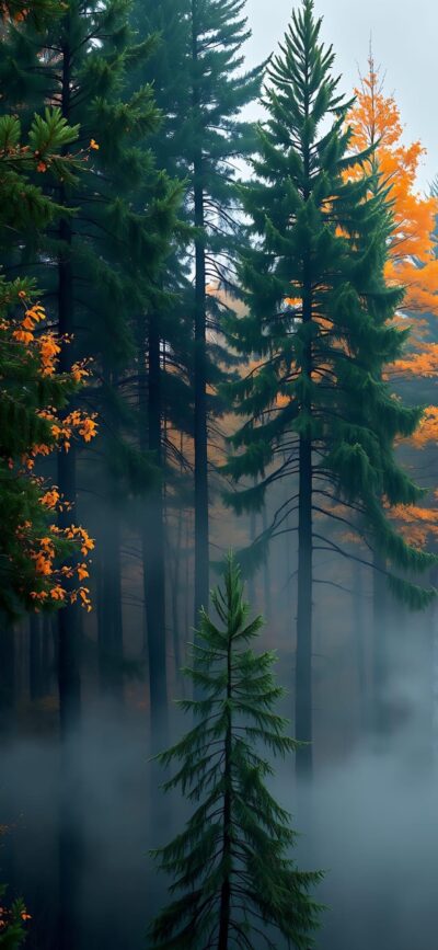 Serene forest with mist, tall evergreens, and vibrant autumn leaves for a calming effect | 4K Wallpaper for Mobile