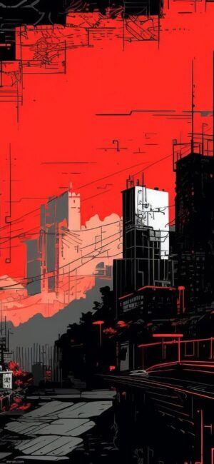 Futuristic urban cityscape in red sky with geometric lines. Great for cyberpunk fans | 4K Wallpaper, for Mobile