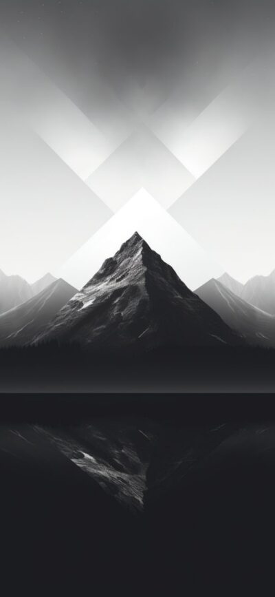 Geometric monochromatic mountain landscape with mirrored symmetry, subtle gradients, and overlapping shapes. | 4K Wallpaper for Mobile