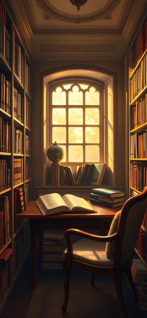 Cozy library corner with bookshelves, wooden desk by arched window, and warm sunlight. Perfect for reading and study | 4K Wallpaper for Mobile