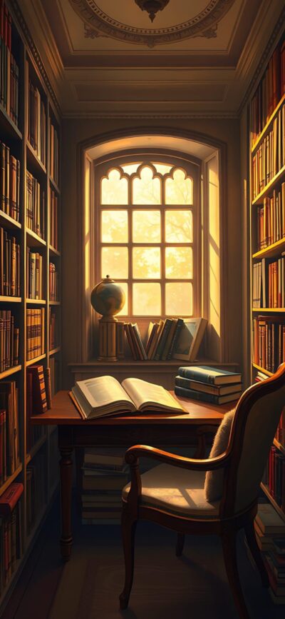 Cozy library corner with bookshelves, wooden desk by arched window, and warm sunlight. Perfect for reading and study | 4K Wallpaper for Mobile