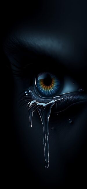 Close-up artistic human eye with a tear in vivid blue and orange against dark background | 4K Wallpaper for Mobile