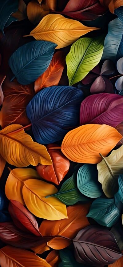 Vibrant autumn leaves in red, orange, yellow, blue, and green create an elegant pattern. Perfect for mobile | 4K Wallpaper.