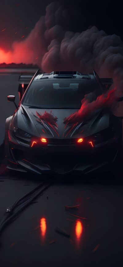 Sleek futuristic car with glowing red headlights in smoky, dimly lit background. Intense, dramatic vibe | 4K Wallpaper for Mobile