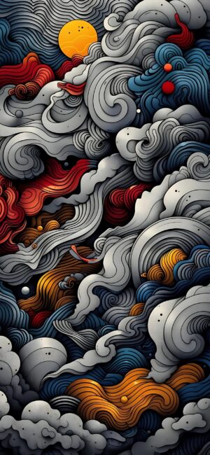 Abstract swirling patterns with bold and muted colors, dynamic movement. Orange, red, blue, gray | 4K Wallpaper for Mobile