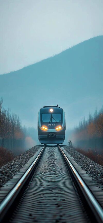 Modern train on track with foggy mountains and barren trees background | Blue, gray, brown hues | 4K Wallpaper for Mobile