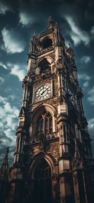 Ornate historic clock tower against a cloudy sky with Gothic details. Primary colors: blue, brown, gray. | 4K Wallpaper for Mobile