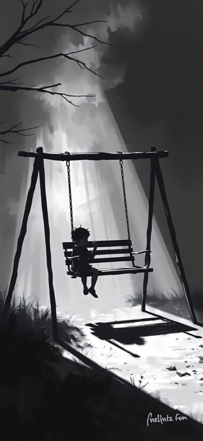 Monochrome silhouette of a child on a swing with light beams through trees. Dramatic black and white scene for Mobile | 4K Wallpaper