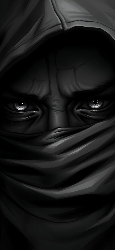 Mysterious hooded figure with intense eyes in monochrome tones, suggesting stealthy character | 4K Wallpaper for Mobile.