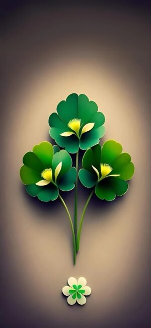 Stylized clover illustration with three green leaves and a tiny four-leaf clover for luck. | Green & Brown | 4K Wallpaper, for Mobile