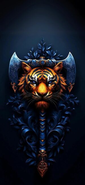 Intricate tiger head with decorative axe motif, surrounded by foliage. Primary colors: Orange, Blue, Black. | 4K Wallpaper for Mobile