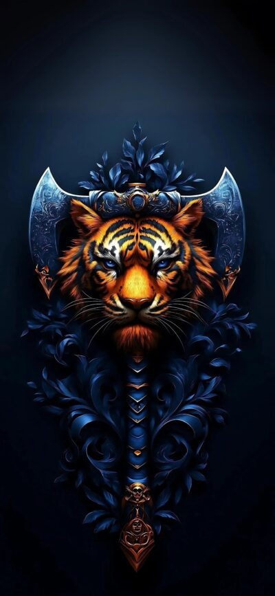 Intricate tiger head with decorative axe motif, surrounded by foliage. Primary colors: Orange, Blue, Black. | 4K Wallpaper for Mobile