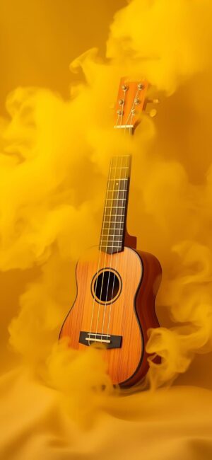 Ukulele with swirling yellow smoke creates an artistic contrast of wood texture and vibrant hues | 4K Wallpaper, for Mobile