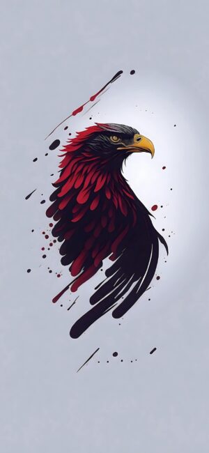 Eagle with red and black feathers on muted background, dynamic brushstrokes, splatter effect | 4K Wallpaper for Mobile