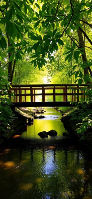 Wooden bridge over a tranquil stream in lush green foliage with sunlight filtering through leaves | 4K Wallpaper for Mobile