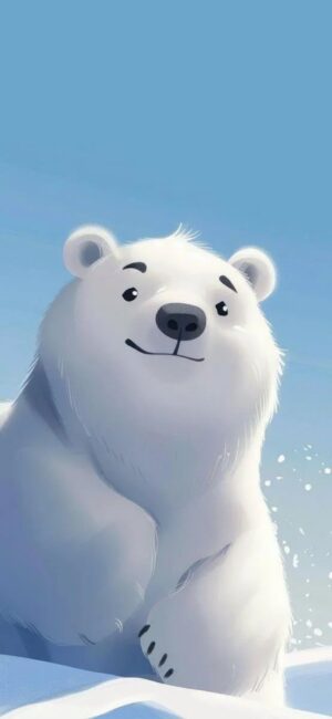 Cute illustrated polar bear with a happy expression against a bright blue sky in a snowy landscape | 4K Wallpaper for Mobile