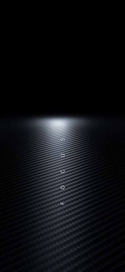 Vertical "FOCUS" text over carbon fiber texture on dark gradient, tech-inspired sleek design. Black & gray | 4K Wallpaper for Mobile