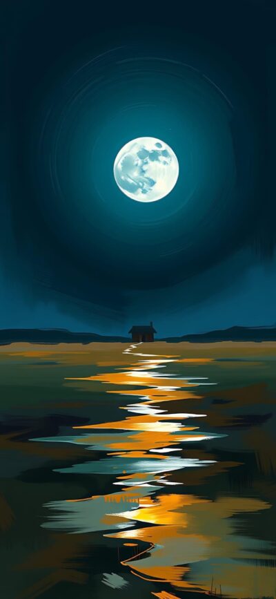 Serene night landscape with a full moon reflection on water and a distant house silhouette | 4K Wallpaper for Mobile