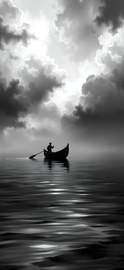 Lone person rowing on calm waters with dramatic clouds | Monochrome palette | Black, white, gray | 4K Wallpaper for Mobile