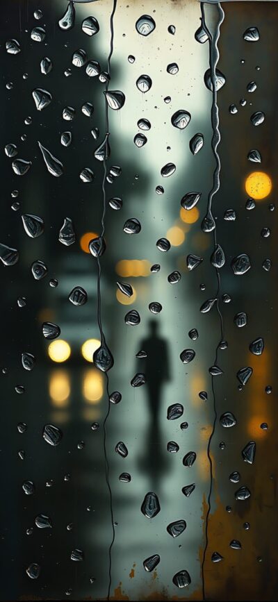 Moody raindrop-covered window scene with blurred silhouette and city lights, capturing mystery and solitude | 4K Wallpaper for Mobile