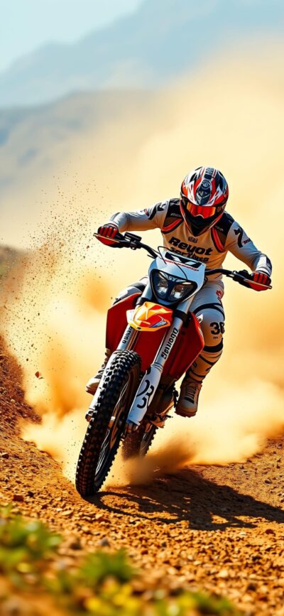 Motocross rider on dirt bike navigating rugged terrain, kicking up dust | Orange, Blue, Brown tones | 4K Wallpaper for Mobile