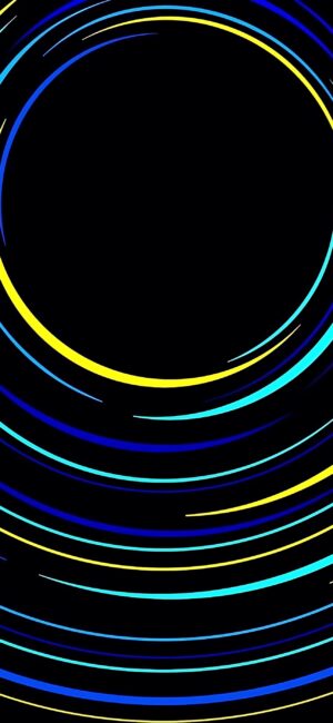 Abstract swirling colorful lines in concentric circles on black background, featuring yellow, blue, turquoise | 4K Wallpaper for Mobile