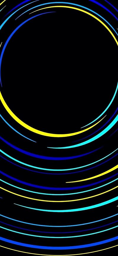 Abstract swirling colorful lines in concentric circles on black background, featuring yellow, blue, turquoise | 4K Wallpaper for Mobile