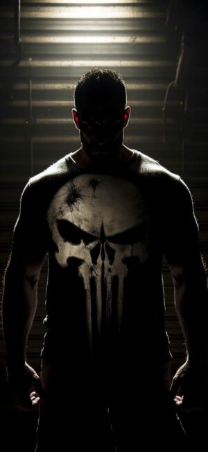 The Punisher silhouette with the iconic skull logo on a shadowy background | Black, White | 4K Wallpaper for Mobile